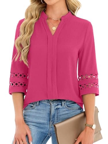 Funlingo 3/4 Sleeve Tops for Women Dressy Casual Blouses Spring Trendy V Neck Lace Pleated Work Shirts Business Casual Outfits 2026 Rose Red 3XL - Image 1
