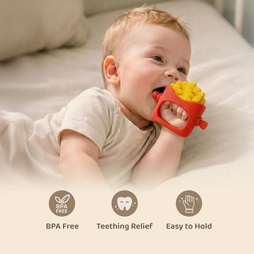 NomNom Fries Baby Teether Toy - Safe and Certified, Parent-Designed, BPA-Free, Food-Grade Silicone, Anti Dropping Teething Mitten, Multiple Texture - Thumbnail 2