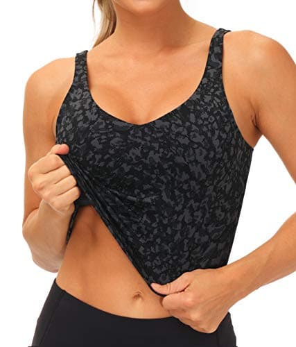 THE GYM PEOPLE Womens Longline Sports Bra Wirefree Padded Medium Support Yoga Bras Gym Running Workout Tank Tops (Graffiti, Medium) - Thumbnail 5