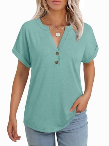 GKBK Womens Short Sleeve Henley Tops V Neck Dressy Casual Blouses Summer Button Up Trendy Tee Shirts 2026 Vacation Going Out Fashion Clothes Cyan L - Image 1