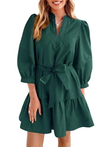 Cicy Bell Womens Puff 3/4 Sleeve Mini Dress Bow Tie Waist V Neck Trendy Casual Ruffle Tiered Short Dresses Dark Green - Image 1