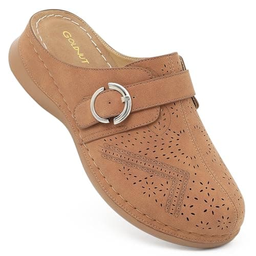 Goldnut Comfortable Clogs for Women with Arch Support - Brown Closed Toe Slip On Mules, All Day Wear Casual Dressy Shoes Size 6 - Image 1