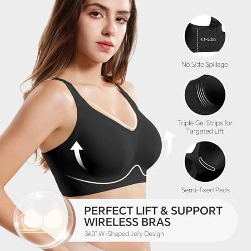 UIMERO Wireless Bras for Women No Underwire Supportive Jelly Bras Comfort Full Coverage Everyday Seamless T-Shirt Sports Bras Black - Thumbnail 2