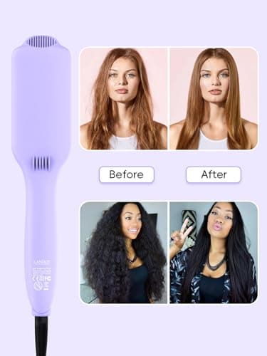 LANDOT Hair Straightener Brush for Damaged Hair - Keratin & Argan Oil Coated Bristles, Ionic Ceramic Straightening Brush to Reduce Frizz & Nourish Hair, Dual Voltage, 12 Temp 250-450F, Purple - Thumbnail 6