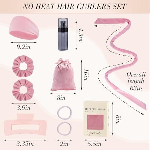 Obeoby Heatless Curls Overnight Set, No Heat Hair Curlers To Sleep In, Hair Rollers with Scrunchies and Clips for Women Long & Short Hair, pink - Thumbnail 2