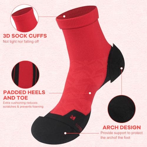 NIcool Mens Quarter Socks, 3 Pairs Cycling Socks for Men Women Red Ankle Socks Tennis Running Hiking Mountain Bike Compression Socks for Women Cushioned Padded Athletic Crew Socks, Red - Thumbnail 3