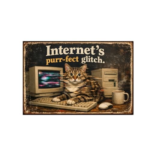 Internet’s Purr-fect Glitch Funny Cat Vintage Tin Sign Retro Tech Humor Metal Wall Decor Meme Artwork for Office Home 8x12 Inch Pre Drilled Holes - Image 1