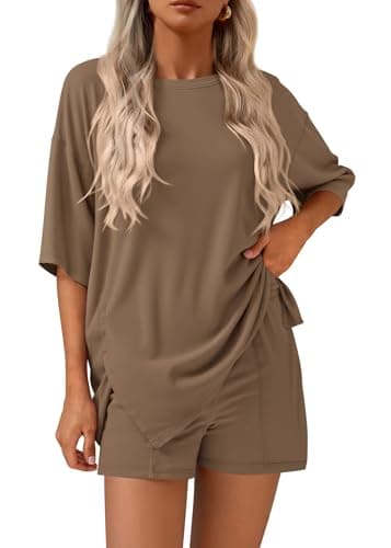 KIRUNDO 2 Piece Sets for Women Summer Lounge Sets Casual Oversized Tshirts Shorts Matching Airport Travel Outfits Postpartum(Dark Khaki, X-Large) - Image 1