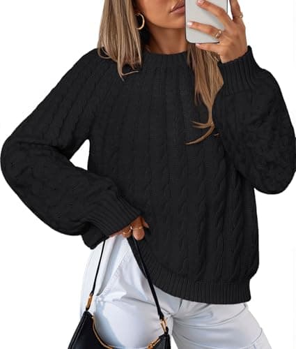 MEROKEETY Women's Fall Cable Knit Sweater 2025 Fashion Warm Crew Neck Lantern Sleeve Chunky Winter Pullover Tops, Black, Small - Image 1