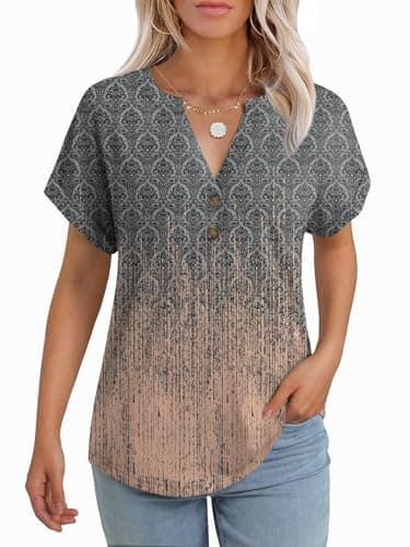 GKBK Womens Short Sleeve Henley Tops V Neck Dressy Casual Blouses Summer Trendy Tee Shirts 2026 Vacation Y2k Fashion Clothes Orange Gray Print XL - Image 1