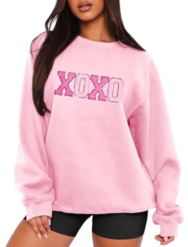 MAPICK Chenille Patch Letter Printed Sweatshirt for Women Hugs and Kisses Sweaters Oversized Crewneck Pullover Tops(Light Pink,X-Large) - Image 1