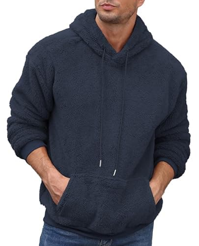 Aimeilgot Mens Sweatshirts Hoodie Pullover Fuzzy Sherpa Soft Lightweight Fleece Hooded Outwear Long Sleeve Regular with Pocket Navy Blue, Large - Thumbnail 3