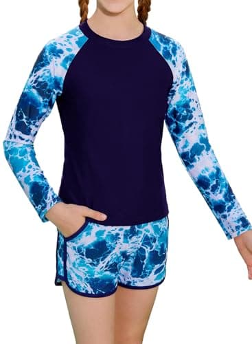 Alakuoti Girls Rash Guard Swimsuit Two Piece Bathing Suit UPF 50+ Sun Protection Long Sleeve Swimwear Size 10 Blue Ocean