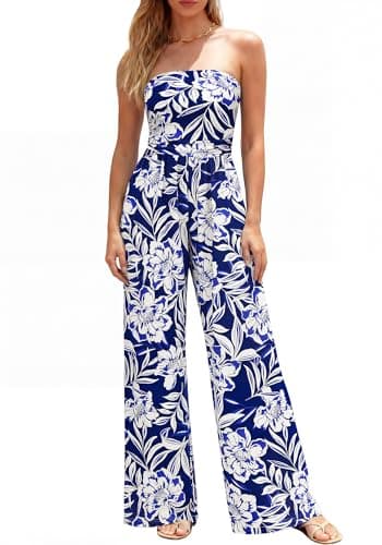 BTFBM Jumpsuits For Women Casual 2026 Floral Strapless Jumpsuit Wide Leg Rompers Beach Vacation Clothes Summer Outfits(Floral Dark Blue White, X-Small) - Image 1