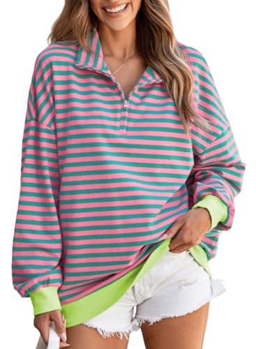 EVALESS Oversized Sweatshirt for Women 2024 Trendy Quarter Zip Striped Long Sleeve Shirts Comfort Color Loose Fit Pullover Tops Fall Fashion Outfits Rose Pink Puff Hoodless Hoodie X-Large - Image 1