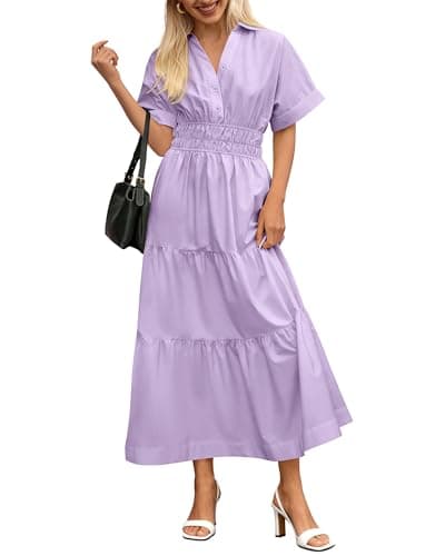 BTFBM Wedding Guest Dresses for Women Beach Fashion Casual Short Sleeve V Neck Solid Spring Summer Boho Maxi Dress (Light Purple,Medium) - Image 1