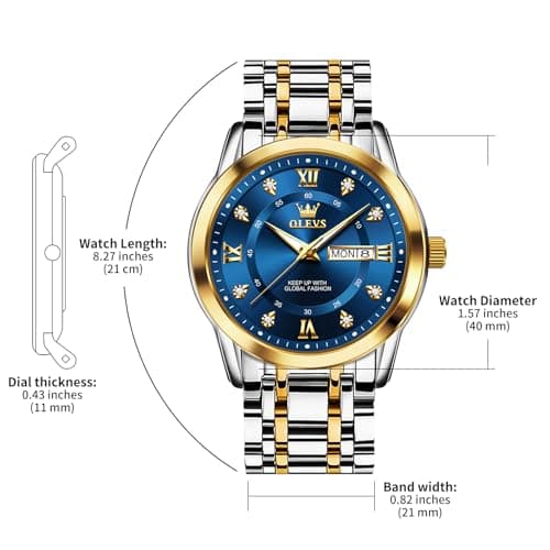 OLEVS Gold and Blue Watches for Men Big Face Dress Watch Stainless Steel Nice Fashion Blue Male Watch Diamond Waterproof Luxury Wristwatch Reloj Hombre - Thumbnail 6