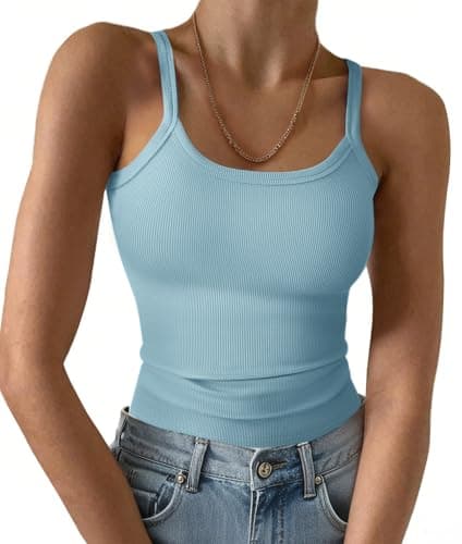 GKBK Women Spaghetti Strap Scoop Neck Ribbed Tank Tops Slim Fitted Camisole Sleeveless Basic Cami Shirts Summer Blouse Light Blue XS - Image 1