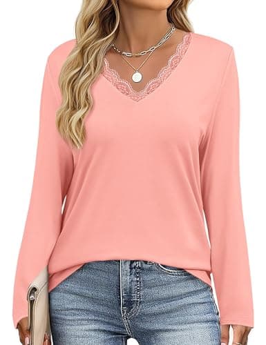 JUSTFASHIONNOW Winter Tops for Women V Neck Long Sleeve Shirts Trendy Lace Shirt Loose Fit Basic Tee Dressy Casual Work Office Outfits 2025 (Pink,Large) - Thumbnail 5