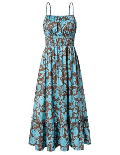 GRACE KARIN Summer Dresses for Women 2026 Vacation,Smocked Floral Maxi Dresses,Boho Beach Long Sundress Brown Blue S - Image 1