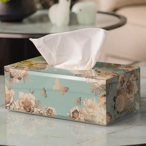 Timetrace Glass Tissue Box Cover Rectangle-Floral and Butterfly Pattern Decorative Tissue Holder with Velvet Lining for Home Decor, Living Room, Bedroom, Kitchen, Office & Christmas/New Year Gifts