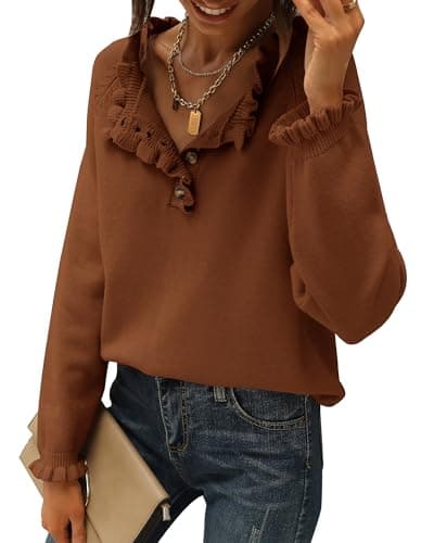 BTFBM Womens Sweaters Fall Winter Clothes 2026 Long Sleeve Button Down Ruffle Crew Neck Casual Knitted Pullover Tops(Brown Coffee, Large) - Image 1