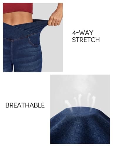 IUGA Stretchy Jeans for Women Bell Bottom Jeans V Cross High Waisted Jeggings Pull On Wide Leg Sweatpant Jean Flare Leggings(Whiskers Dark Wash, Medium) - Thumbnail 4