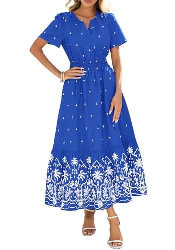 BTFBM Womens Summer Dresses 2026 Casual Short Sleeve Elastic Waist Flowy Beach Vacation Floral Boho Maxi Dress Pockets (Royal Blue White Flower, Large) - Image 1
