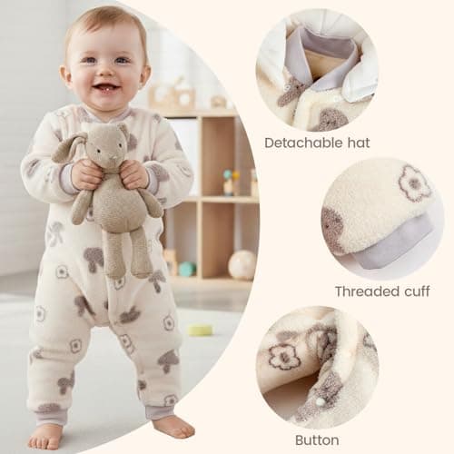 JiAmy Baby Snowsuit Newborn Animal Printed Outfits Infant Baby Fleece Detachable Hat Winter Clothes Jumpsuit Beige Rabbit 6-9 Months - Thumbnail 3