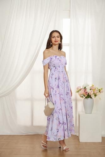 2024 Women's Summer Sleeveless Off Shoulder Floral Flowy A Line Maxi Dresses Purple Floral L - Thumbnail 2