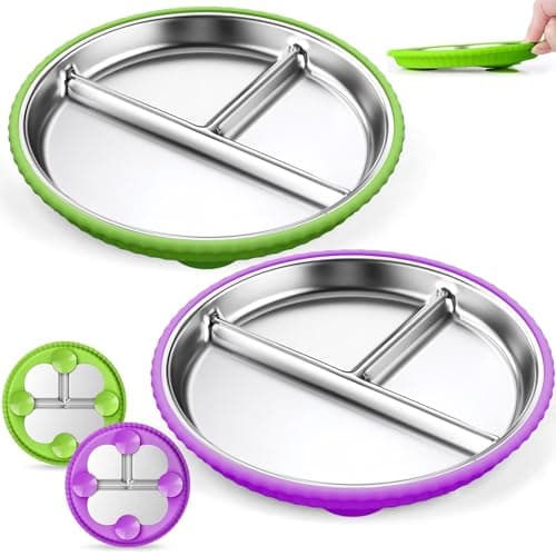 Semloo Stainless Steel Kids Plates with Suction, 2Pack 9" Divided Toddler Plates Removable Non Slip Silicone Sleeves Baby Feeding Led Weaning Supplies, BPA Free, Unbreakable Dishwasher Safe