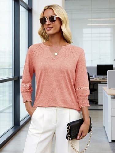 Womens 3/4 Sleeve Tops Smocked V Neck Blouses Dressy Casual Fashion T-Shirts Cute Summer Outfits Trendy Orange - Thumbnail 5