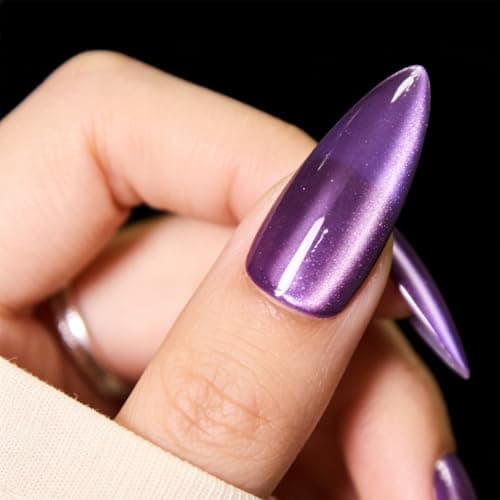 Cat Eye Press on Nails Medium, Fashion Purple Glitter Press on Nails, Soft Gel Fake Nails, Reusable & Natural Acrylic False Nails, Stick on Nails for Women Gift, Glue on Nails Kit 30 Pcs - Image 1