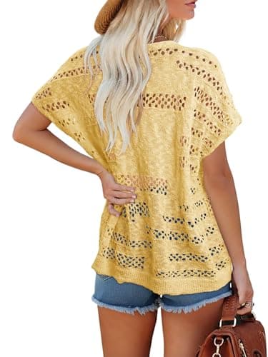 KISSMODA Yellow Short Batwing Sleeve Crochet Cardigan for Ladies Relaxed Fit Loose Boho Summer Farmer’s Market Layering Cardigan S - Thumbnail 6