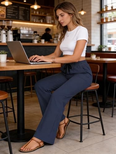 AGVNG Wide Leg Pants for Women Casual Travel Work Lounge Trousers Lightweight Pants High Waisted Elastic Waist Drawstring Comfy Pants with Pockets Navy Blue XXL - Thumbnail 3