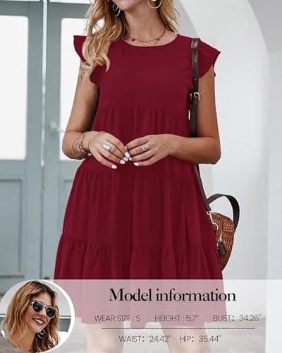 KIRUNDO Wedding Guest Dresses for Women Short Summer Sleeveless Ruffle Sleeve Round Neck Loose Short Flowy Pleated Tiered Mini Dress(Wine Red, Small) - Thumbnail 4