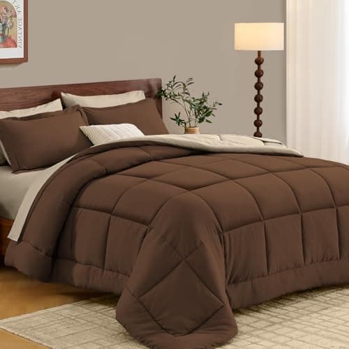 FUANNA King Size Comforter Set 7 Pieces, Reversible Bedding Sets with All Season Comforter, Bed in a Bag Includes Comforter, Flat Sheet, Fitted Sheet, Pillowcases & Shams, Dark Brown & Oatmeal
