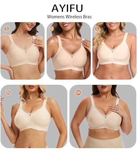 AYIFU Womens Wireless Bras Comfortable V Mesh Full Coverage Seamless Bralette Supportive No Underwire Tshirt Everyday Bra (Black, L) - Thumbnail 5