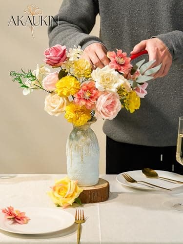 AKAUKIN Pink Yellow Artificial Flowers Combo, Fake Silk Dahlia Roses Bulk with Stems Box Set for Wedding Bridal Bouquets, Baby Shower, Party, Table Centerpieces, Home Decor & DIY Floral Arrangements - Thumbnail 4