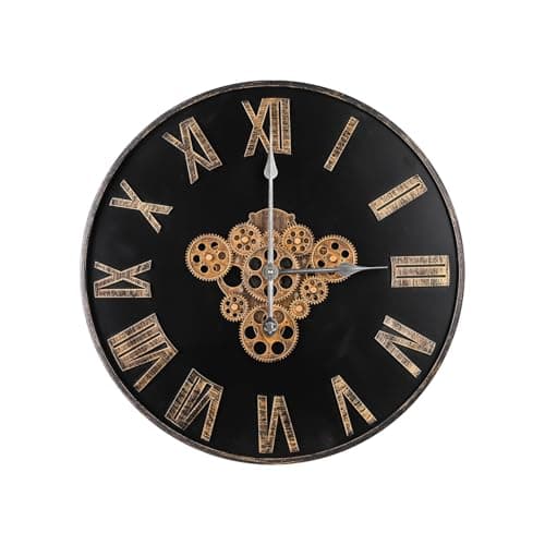 BaiYunTech 24 Inch Black Large Round Vintage Industrial Wall Clock with Real Moving Gears, Black Roman Numeral, Battery Operated, Silent, Farmhouse Decor for Home, Office, Living Room, Bedroom - Image 1