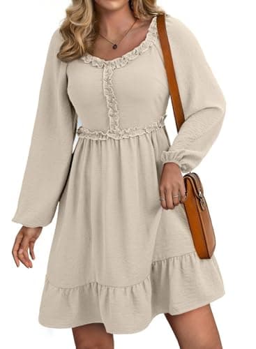 Dokotoo Long Sleeve Dress for Women 2025 Fall Casual Smocked Ruffle Sweetheart Neck Empire Waist Elegant A-Line Mini Dress Apricot X-Large - Image 1