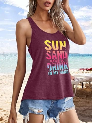Binshre Graphic Tank Tops for Women Sun Salt Sand Vintage Graphic Racerback Tank Tops Cocoa Palm Print Summer Casual Beach O-Neck Vacation Shirt Cami - Thumbnail 2