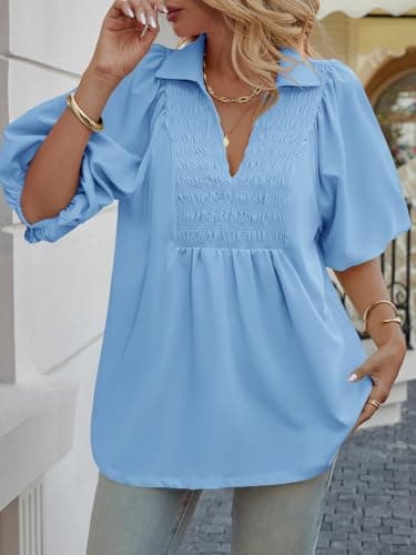 Cicy Bell Womens Summer Puff Sleeve Blouses Smocked V Neck Babydoll Peplum Casual Tunic Tops Loose Fit Pleated Shirts Blue - Thumbnail 3