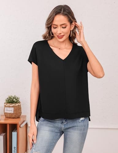Totatuit Women's Sexy Deep V Neck Oversized Tunic Top Cap Sleeve Loose Fit T Shirts for Summer Dressy Casual Business Tops Low Cute Tee Black Medium - Thumbnail 3