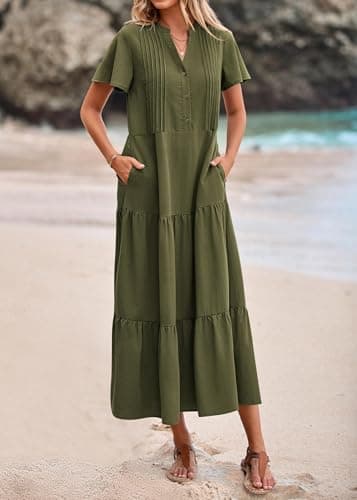 KIRUNDO Summer Maxi Dresses for Women 2026 Spring Fashion Short Sleeve Button V Neck Pleated Loose Tiered Swing Flowy Dress(Army Green, Large) - Thumbnail 5