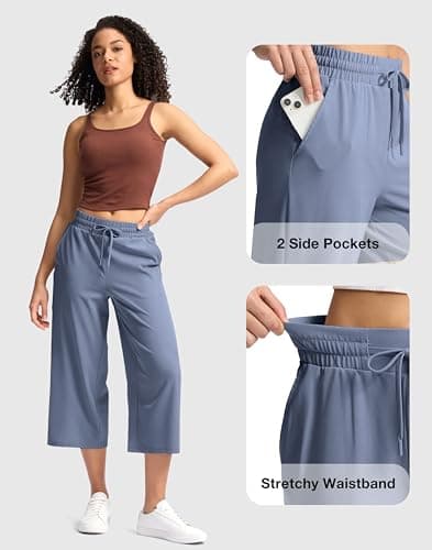Soothfeel Women's Capri Pants Loose High Waisted Wide Leg Lightweight Travel Hiking Pants for Women Casual Summer with Pocket Dusty Blue S - Thumbnail 4