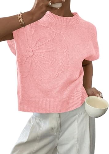PRETTYGARDEN Women's 2026 Spring Sweater Vest Trendy Flower Knit Short Sleeve Cute Pullover Tank Tops Summer Fashion Clothing (Pink,XX-Large) - Image 1