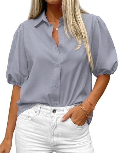 BTFBM Women's Button Down Shirts Short Puff Sleeve Collared V Neck 2026 Summer Tops Dressy Casual Work Business Blouses(Grey, XX-Large) - Image 1