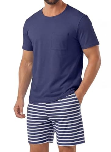 PrinStory Mens Pajamas Set Short Sleeve Pjs 2 Piece Pajama Soft Sleepwear Loungewear with Pockets Dark Blue Stripe-M - Image 1
