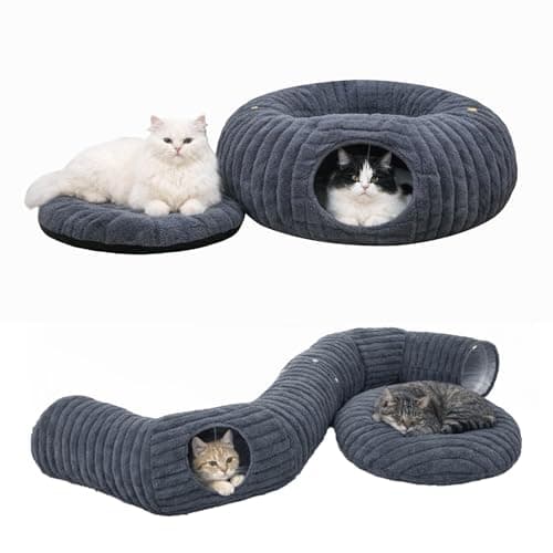 Dogpals Ultra-Soft Cat Tunnel Bed - Soft Washable Cushion, Peekaboo Hideaway Cave for Indoor Cats, Kittens, Puppies, and Rabbits - Deluxe Upgraded with Luxurious Striped Hare-Feel Fabric (Deep Grey) - Image 1